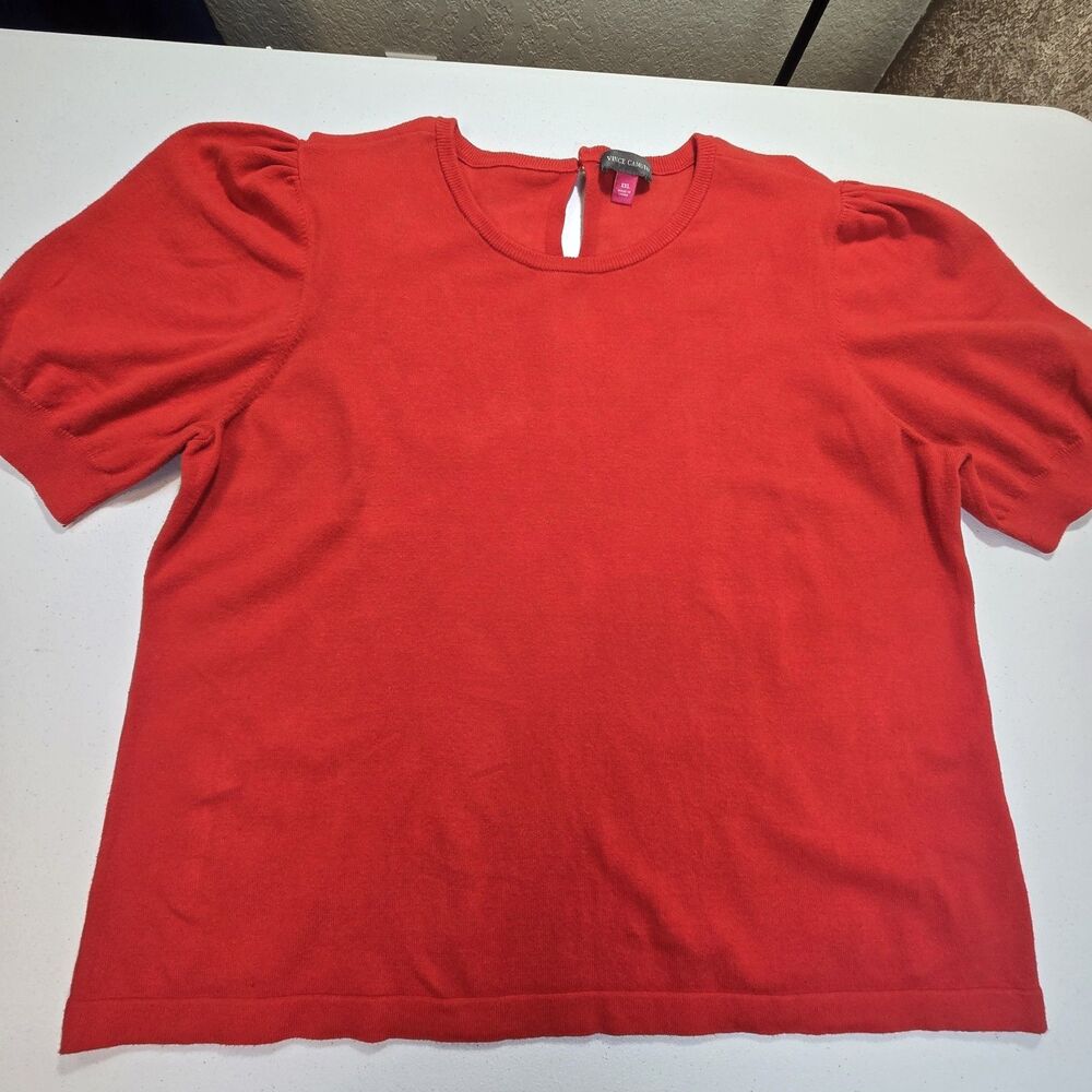 Vince Camuto Womens Red Puff Short Sleeve Sweater XXL Keyhole Neck Pearl Accent